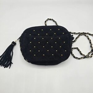 Vtg Express Black Quilted Suede Gold Studded Tassel Chain Small Crossbody Bag